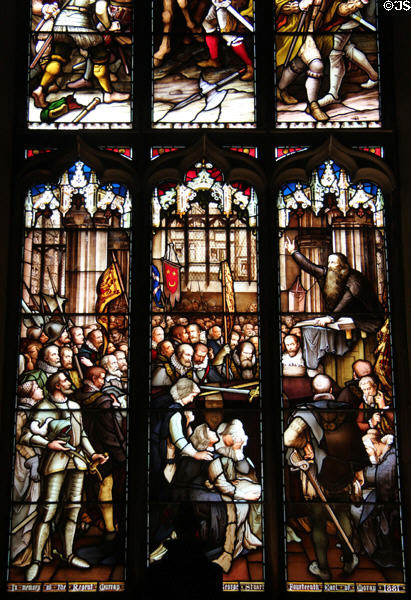 John Knox preaching at Regent Moray's Funeral Service stained glass windows by Ballantine of Edinburgh at St Giles Cathedral. Edinburgh, Scotland.