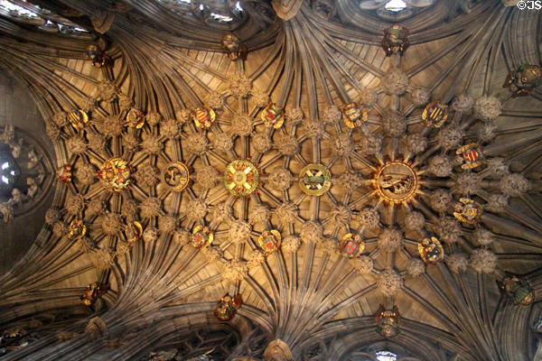 Ceiling with several coats of arms in Thistle Chapel at St Giles Cathedral. Edinburgh, Scotland.