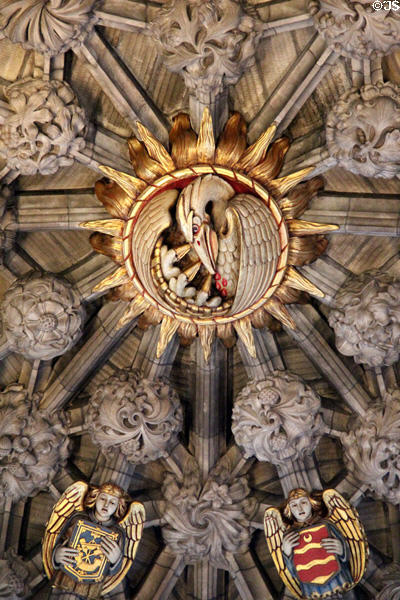 Ceiling detail of pelican tending young in Thistle Chapel at St Giles Cathedral. Edinburgh, Scotland.