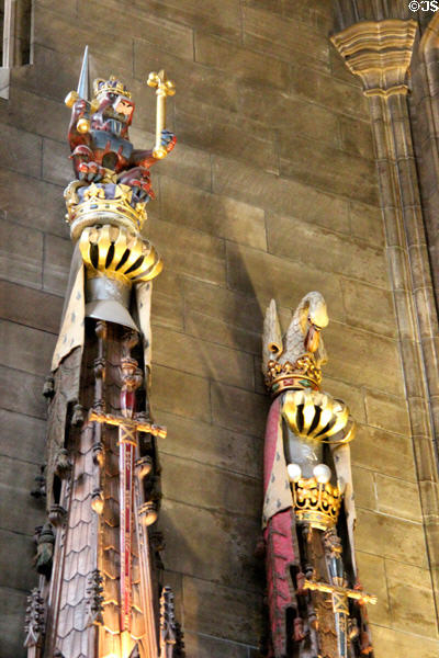 Crests of members of Order of Thistle in Thistle Chapel at St Giles Cathedral. Edinburgh, Scotland.