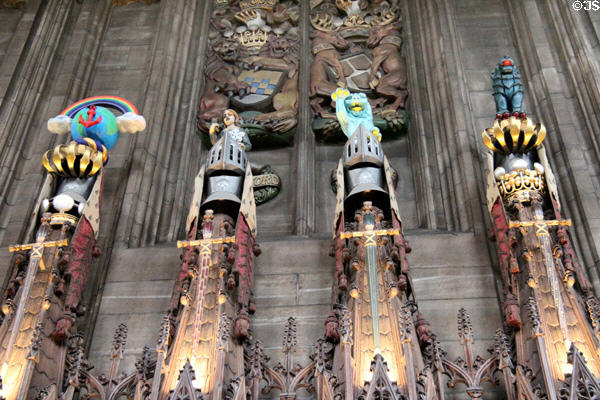 Crests of members of Order of Thistle in Thistle Chapel at St Giles Cathedral. Edinburgh, Scotland.