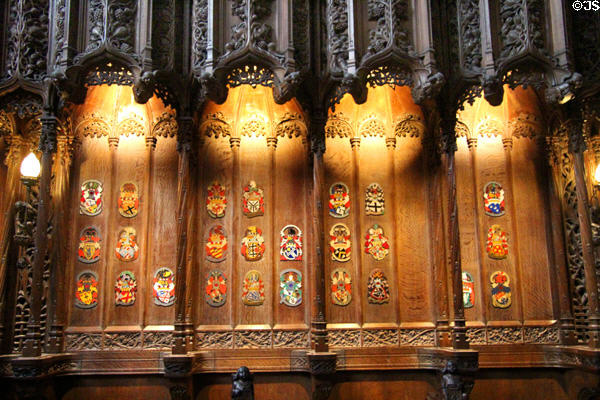 Arms of members of Order of Thistle in Thistle Chapel at St Giles Cathedral. Edinburgh, Scotland.