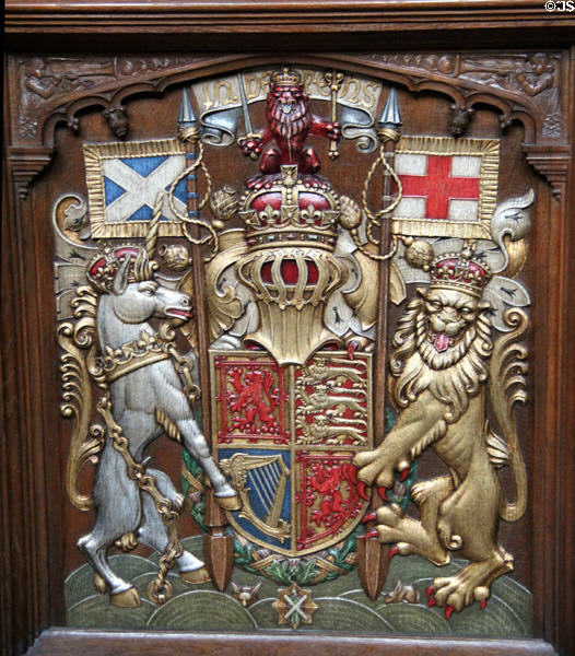 Royal crest of Scotland in Thistle Chapel at St Giles Cathedral. Edinburgh, Scotland.