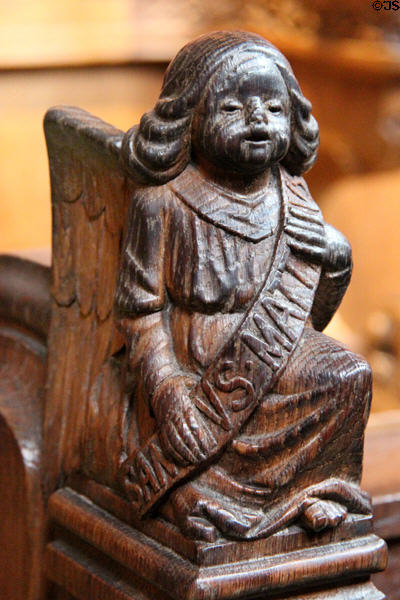 Carved angel of evangelist St Matthew in Thistle Chapel at St Giles Cathedral. Edinburgh, Scotland.