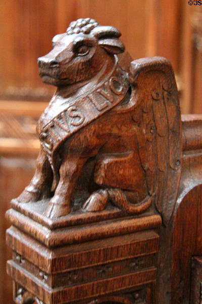 Carved wing bull of evangelist St Luke in Thistle Chapel at St Giles Cathedral. Edinburgh, Scotland.