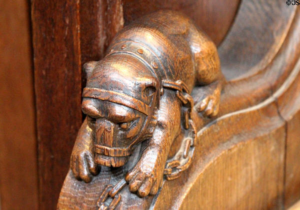 Carved bear in muzzle in Thistle Chapel at St Giles Cathedral. Edinburgh, Scotland.