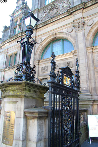 Iron gates & lamp of Central Library (1887-90) (George IV Bridge St.). Edinburgh, Scotland.