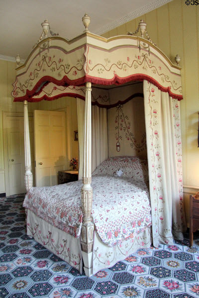 Four poster bed (late 18thC) by with original embroidered hangings (1774) in bedchamber at Georgian House museum. Edinburgh, Scotland.