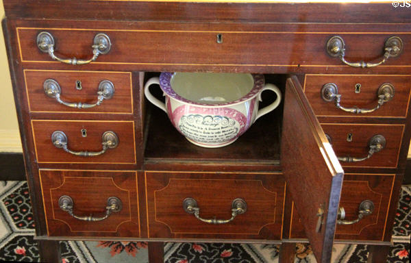 Toilet table (c1780) with marriage lustre chamber pot by Sunderland in bedchamber at Georgian House museum. Edinburgh, Scotland.