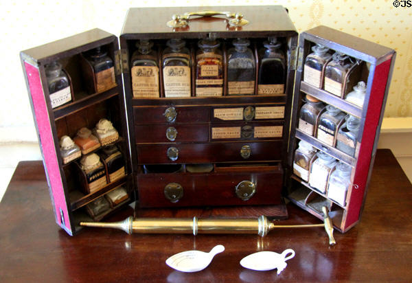 Household medicine chest (c1830) by Messrs James Robertson & Co. of George St. Edinburgh in bedchamber at Georgian House museum. Edinburgh, Scotland.