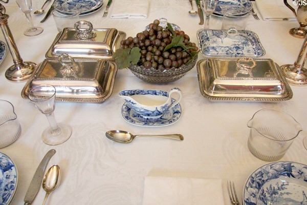 Serving dishes on dining table at Georgian House museum. Edinburgh, Scotland.