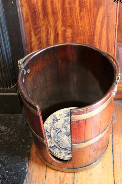 Bucket for carrying plates in dining room at Georgian House museum. Edinburgh, Scotland.