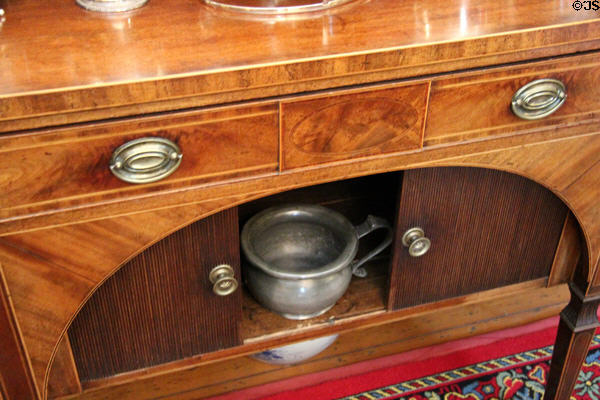 Pewter chamber pot hidden in dining room sideboard for use by men after women had withdrawn at Georgian House museum. Edinburgh, Scotland.