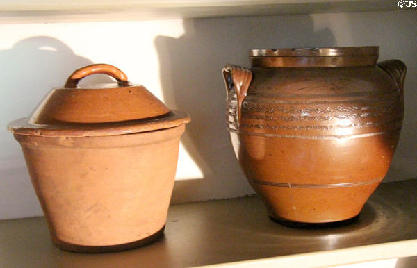 Ceramic covered jar & crock in kitchen at Georgian House museum. Edinburgh, Scotland.
