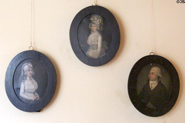 Framed portraits in housekeeper's room at Georgian House museum. Edinburgh, Scotland.