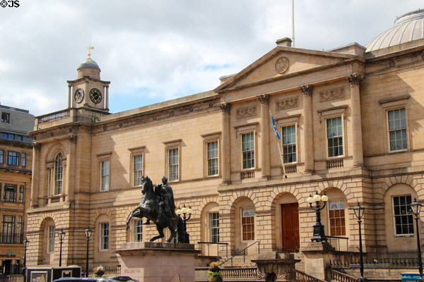 General Register House (1774-88) with Duke of Wellington statue (1849-52) on Princes St. Edinburgh, Scotland. Architect: Robert Adam.