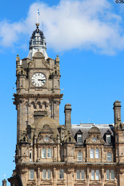 Entrance clock tower of Balmoral Hotel (former North British Hotel) (1896-1902) (1 Princes St.). Edinburgh, Scotland.
