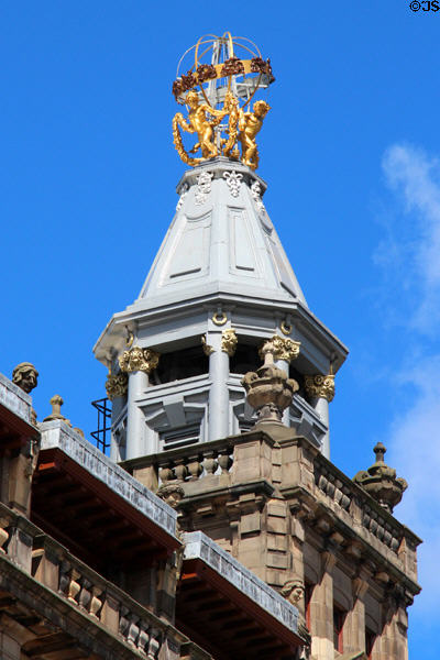 Tower with gilded openwork sphere sculpture by Gilbert Bayes atop former Forsyth's department store (1906-7). Edinburgh, Scotland.