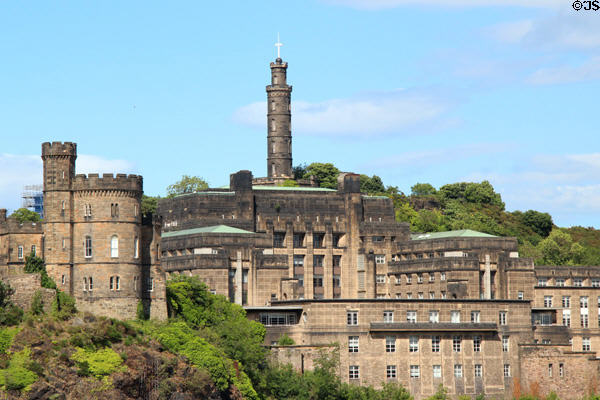 St Andrew's House government office building (1934-9) on Calton Hill with Nelson's Monument tower beyond. Edinburgh, Scotland. Architect: Thomas Tait.