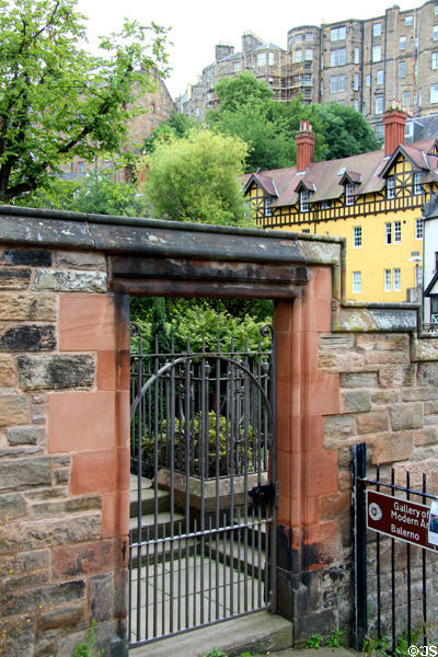 Gate on Water of Leith Walkway in Dean Village. Edinburgh, Scotland.