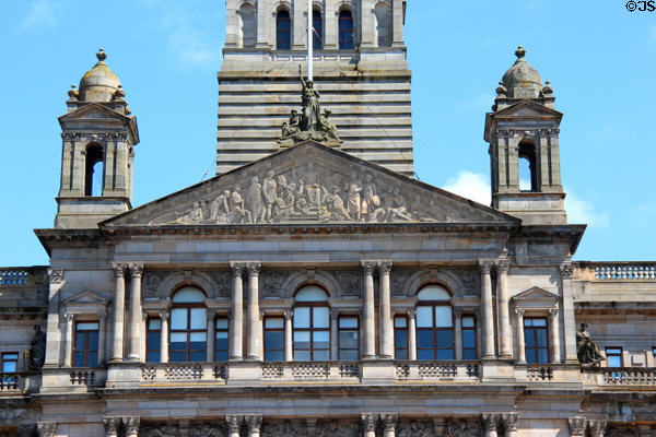 Pediment of Glasgow City Chambers (1888) with sculptures by John Mossman & George Lawson. Glasgow, Scotland. Architect: William Young.