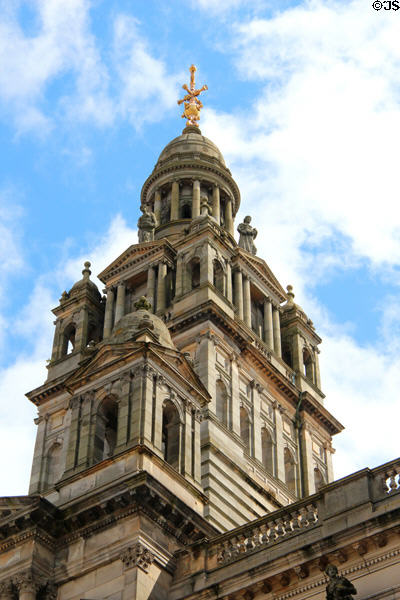 Central tower of Glasgow City Chambers (1888) with sculptures by John Mossman & George Lawson. Glasgow, Scotland. Architect: William Young.