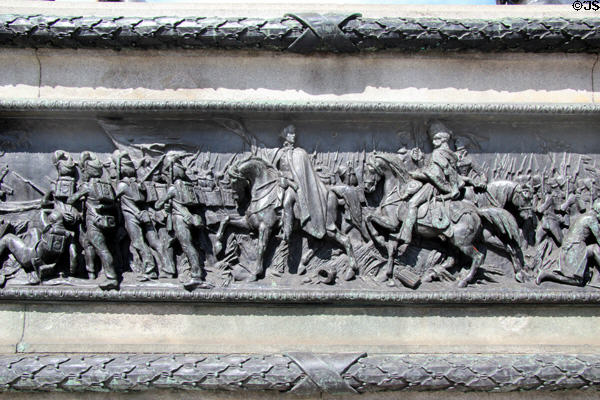 Bronze military bas-relief of Duke of Wellington Statue (1844) by Baron Carlo Marochetti (on Royal Exchange Square). Glasgow, Scotland.