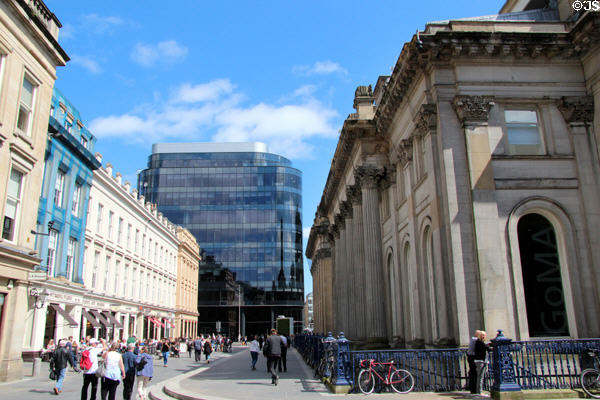 GOMA with heritage (c1830) & modern blue glass building on Royal Exchange Square. Glasgow, Scotland.