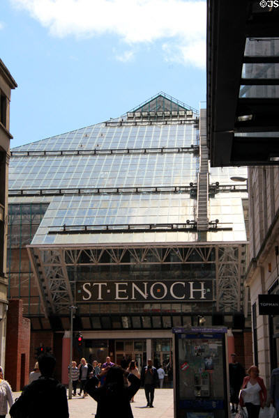 Pyramical glass roof of St Enoch shopping center. Glasgow, Scotland.