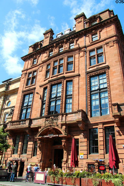 Edwardian Baroque commercial building with asymmetrical balustraded balcony (1908-10) (4 Nelson Mandela Place). Glasgow, Scotland. Architect: A.N. Paterson.
