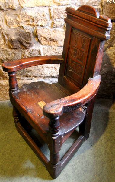 Scottish oak great chair (1688) carved IR EM at Provand's Lordship. Glasgow, Scotland.