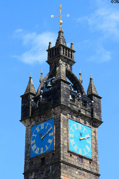 Open crown with weather vane of Glasgow's Tolbooth tower. Glasgow, Scotland.
