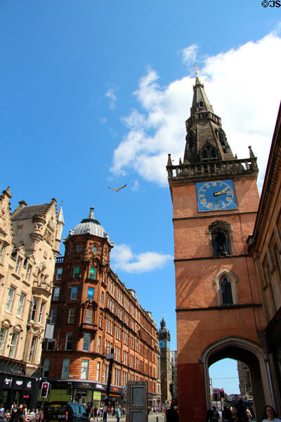 Former City of Glasgow Bank (1854), former City Improvement Trust. Block (1903-12) & Tron Steeple (1630-6) (on Trongate). Glasgow, Scotland.