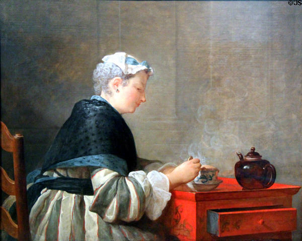 Lady Taking Tea painting (1735) by Jean-Siméon Chardin at Hunterian Art Gallery. Glasgow, Scotland.