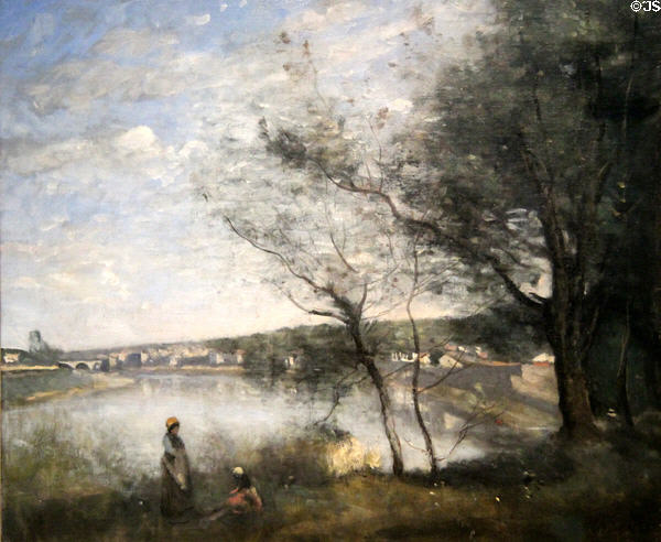 Distant View of Corbeil from Behind Trees: Morning painting (c1870) by Jean-Baptiste-Camille Corot at Hunterian Art Gallery. Glasgow, Scotland.