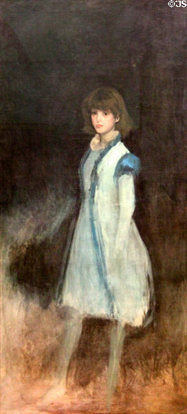 Blue Girl: Connie Gilchrist painting (1879) by James McNeill Whistler at Hunterian Art Gallery. Glasgow, Scotland.