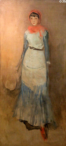 Harmony in Coral & Blue: Miss Finch painting (c1885) by James McNeill Whistler at Hunterian Art Gallery. Glasgow, Scotland.