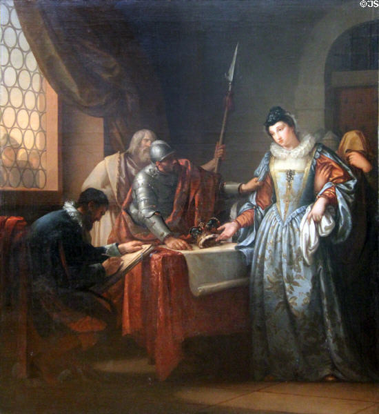 Abdication of Mary, Queen of Scots painting (1765-73) by Gavin Hamilton at Hunterian Art Gallery. Glasgow, Scotland.