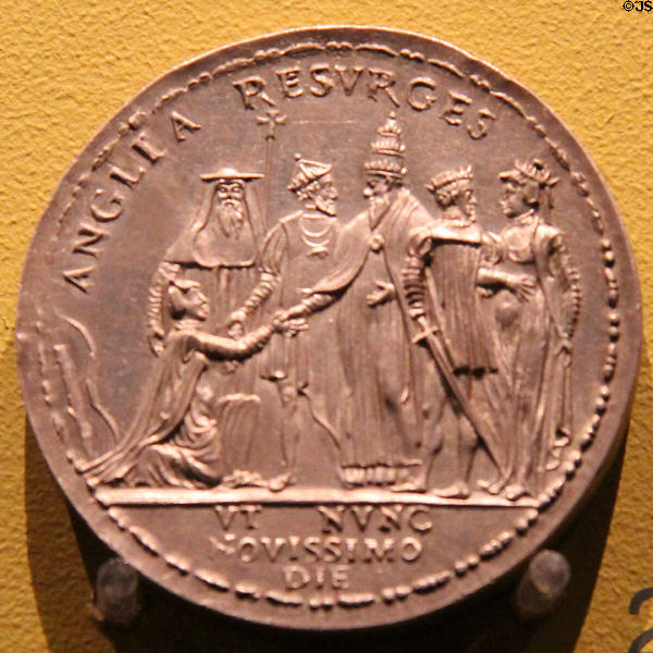 Queen Mary restores England to Catholic church medal (1554) at Hunterian Art Gallery. Glasgow, Scotland.