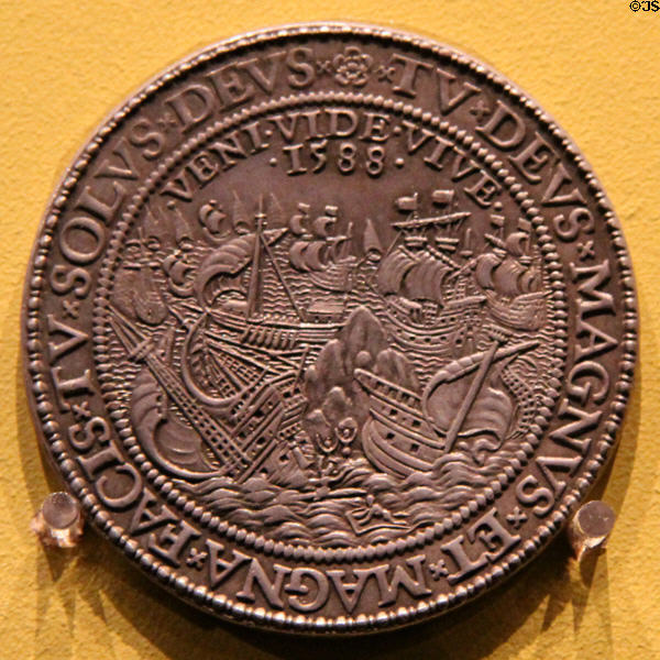 Defeat of Spanish Armada medal (1588) by G. van Bijlaer at Hunterian Art Gallery. Glasgow, Scotland.
