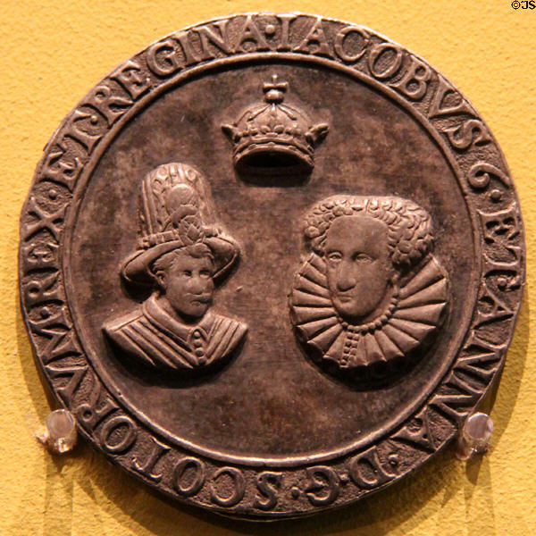 Marriage of James VI of Scotland (later James I of England) to Anne of Denmark medal (1590) at Hunterian Art Gallery. Glasgow, Scotland.