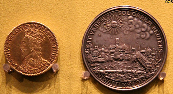 Charles I Scottish coronation (1633) & Charles I return to London (1633) medals both by Nicholas Briot at Hunterian Art Gallery. Glasgow, Scotland.
