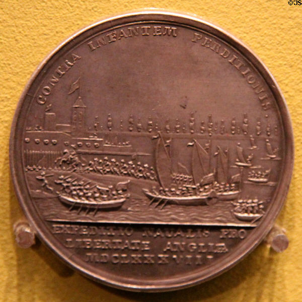 Landing of William of Orange at Torbay (1688) medal by Regnier Arondeaux of Netherlands at Hunterian Art Gallery. Glasgow, Scotland.