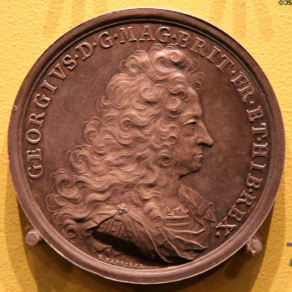 George I Proclaimed King (1714) medal by Ehrenreich Hannibal of Germany at Hunterian Art Gallery. Glasgow, Scotland.