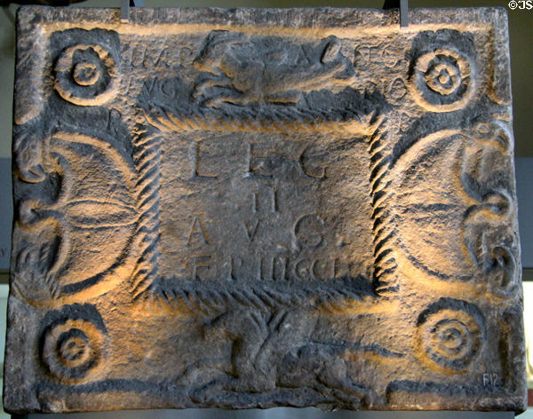 Roman stone carved with Capricorn & Pegasus plus dedication to Emperor Antoninus Augustus Pius found in West Dunbartonshire at Hunterian Museum. Glasgow, Scotland.