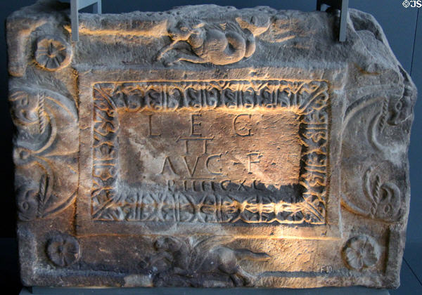 Roman stone carved with Capricorn & Pegasus plus symbol of Emperor Augustus found in West Dunbartonshire at Hunterian Museum. Glasgow, Scotland.