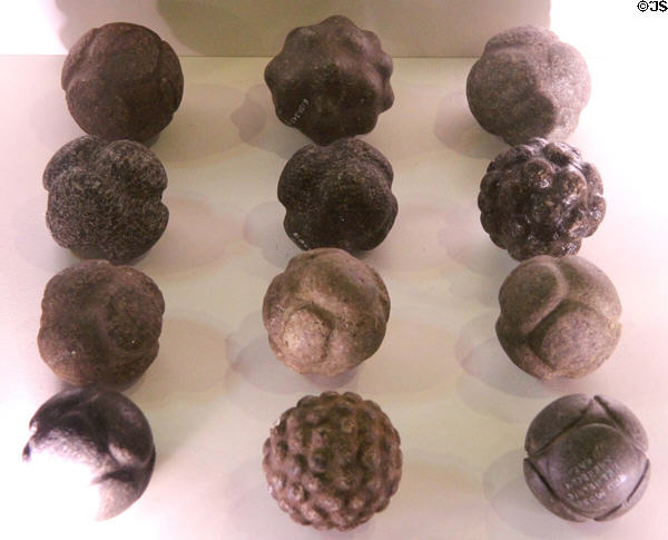 Uniquely Scottish carved stone Neolithic balls of unknown purpose greater than 4000 years old at Hunterian Museum. Glasgow, Scotland.