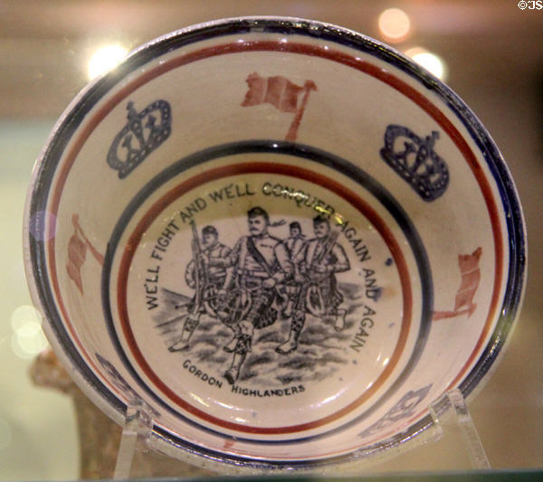 Ceramic bowl with image of Gordon Highlanders (1914-8) by unknown at Hunterian Museum. Glasgow, Scotland.