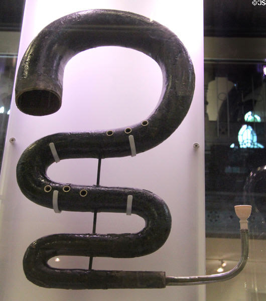 Serpent (19thC) is bass of cornet family of musical instruments at Hunterian Museum. Glasgow, Scotland.