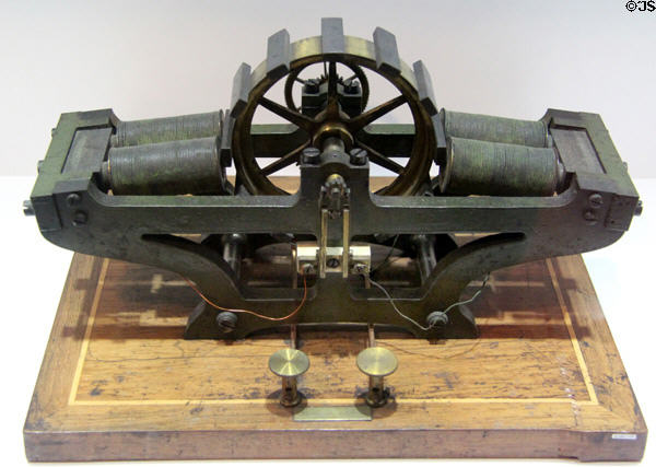 Froment's mouse-mill motor (c1849) used to move paper tapes in Kelvin's siphon recorder for telegraphs at Hunterian Museum. Glasgow, Scotland.